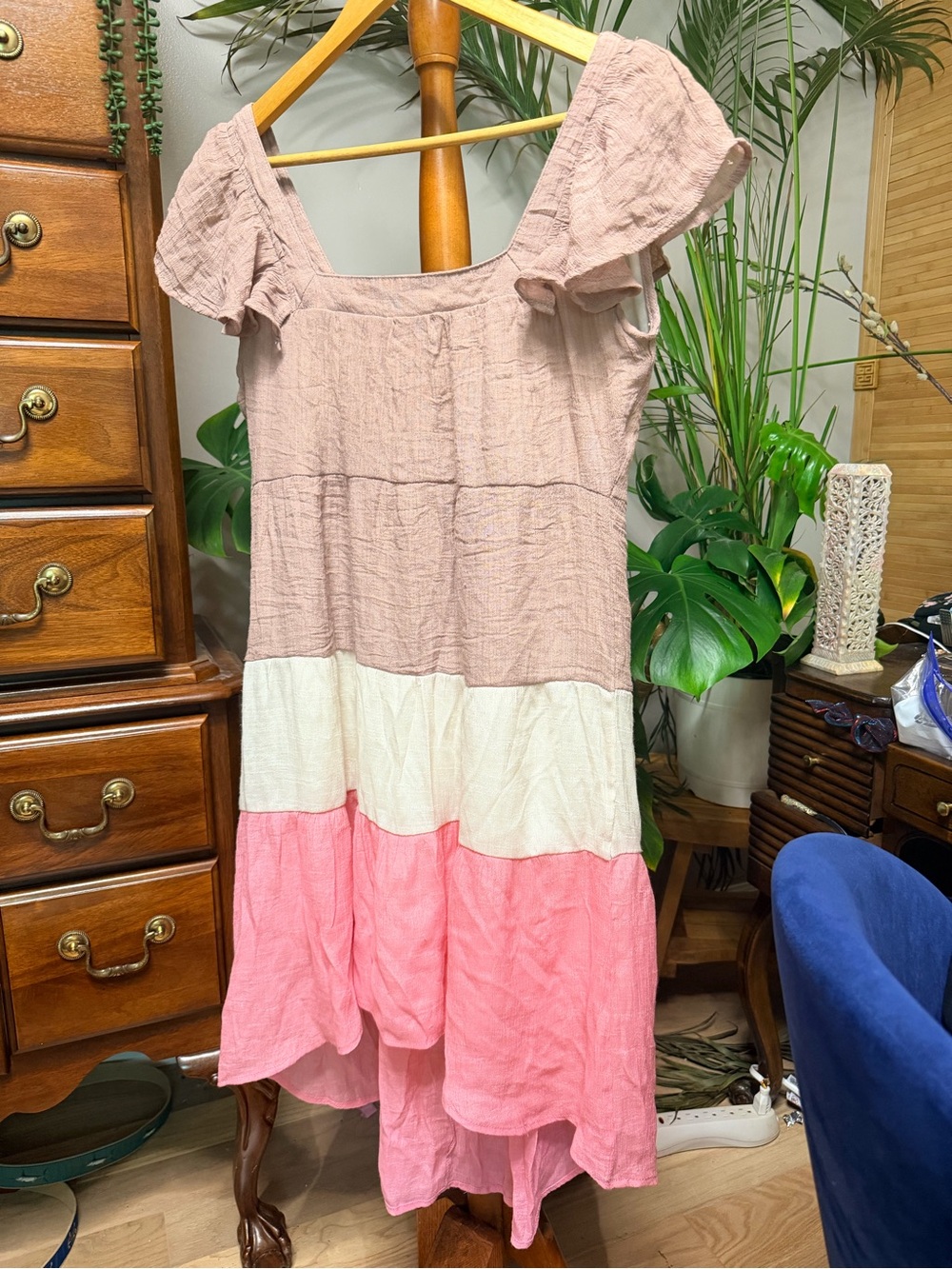 Umgee Colorblock High-Low Tiered Dress - Lavender, Cream & Pink - Picture 3 of 7